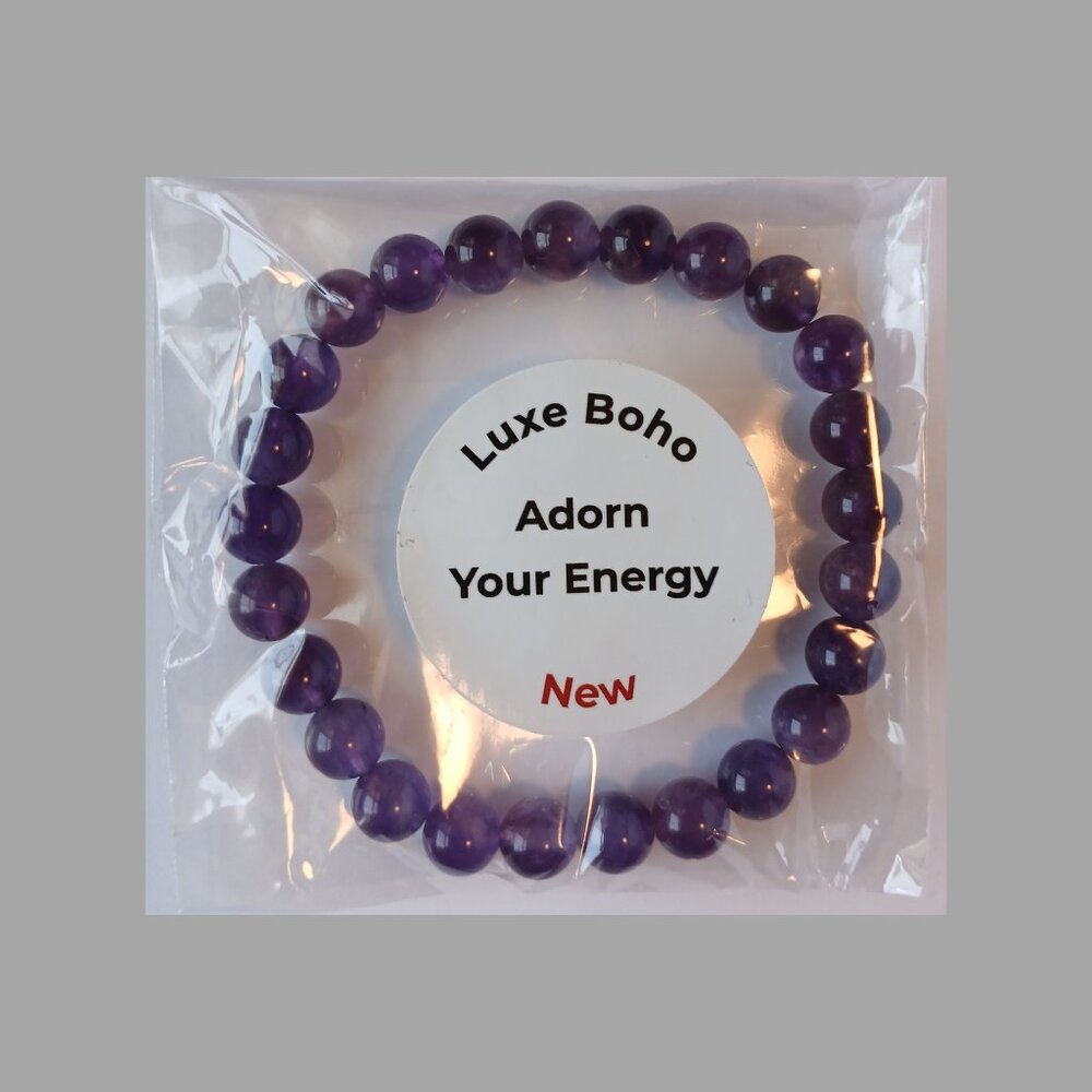 8mm Deep Purple Amethyst Bracelet | Natural Crystal Stretch Bracelet - Picture 3 of 3